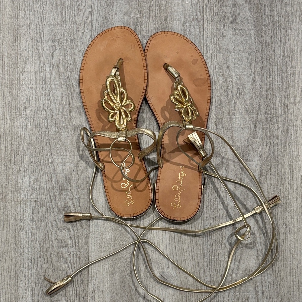 Lilly Pulitzer Gold Floral Sandals with Gold Ankle accent straps
